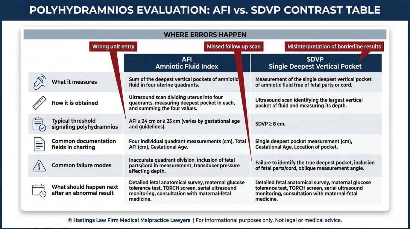 Comparison chart explaining AFI and SDVP ultrasound measurements and common diagnostic errors relevant to a Texas Polyhydramnios Mismanagement Lawyer review.
