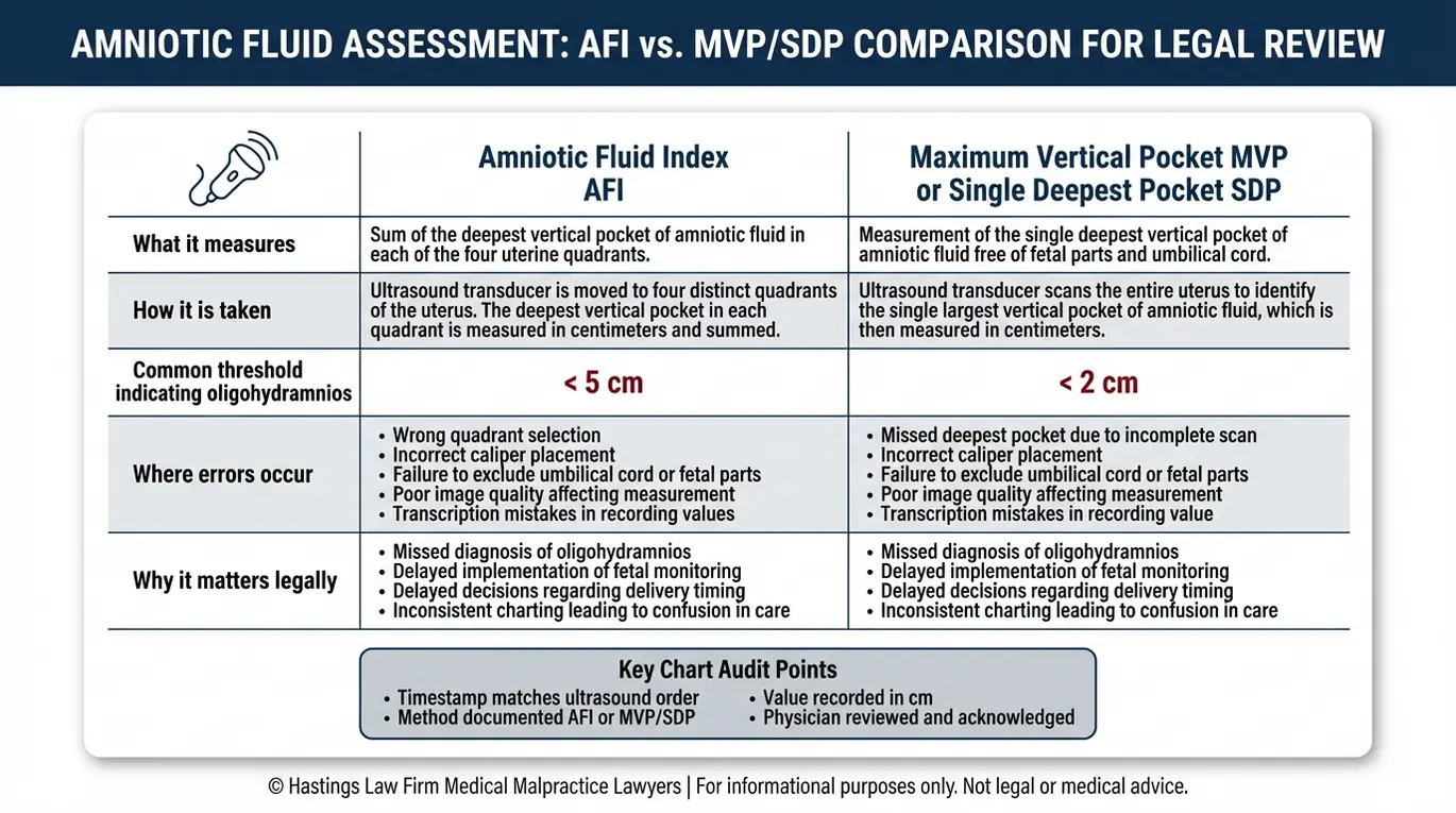 Comparison chart explaining AFI and MVP or SDP ultrasound thresholds and common reporting errors relevant to a Texas Low Amniotic Fluid Birth Injury Lawyer evaluation.