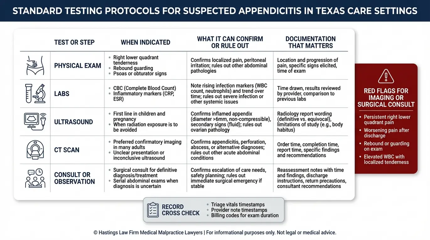 Table of standard appendicitis testing protocols and documentation signals commonly analyzed by a Texas Appendicitis Misdiagnosis Lawyer.