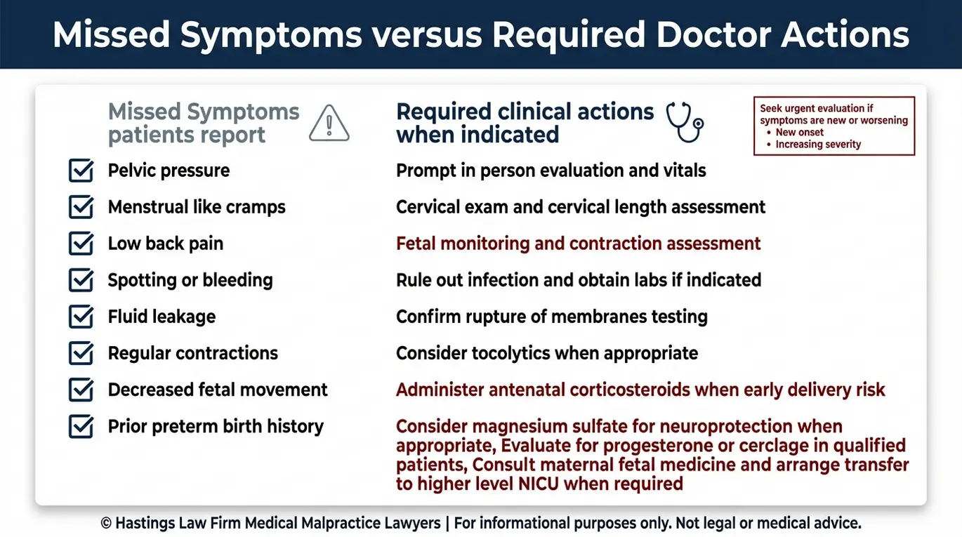 Lista de verificación de alerta para padres que un abogado especializado en negligencia en casos de parto prematuro Texas puede utilizar para evaluar los síntomas de parto prematuro que se pasaron por alto y las medidas médicas necesarias, como la monitorización fetal, los esteroides y el traslado.