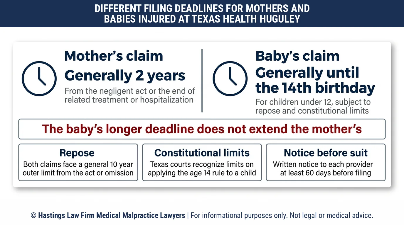 How long do a mother and injured newborn have to call a hospital negligence lawyer after delivery at Texas Health Huguley Hospital.