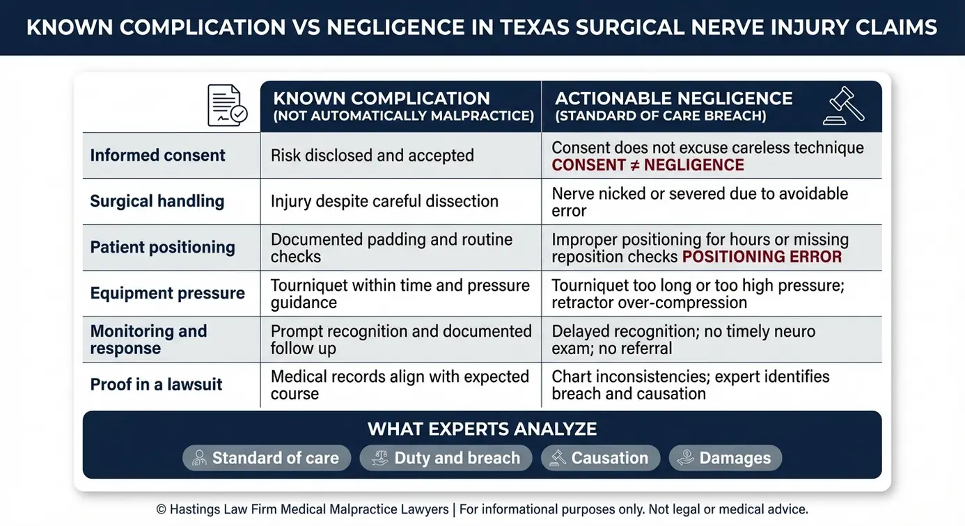 Comparison chart explaining known complication versus actionable negligence in a Texas Medical Nerve Damage Lawyer case using standard of care examples like positioning errors equipment pressure and consent.