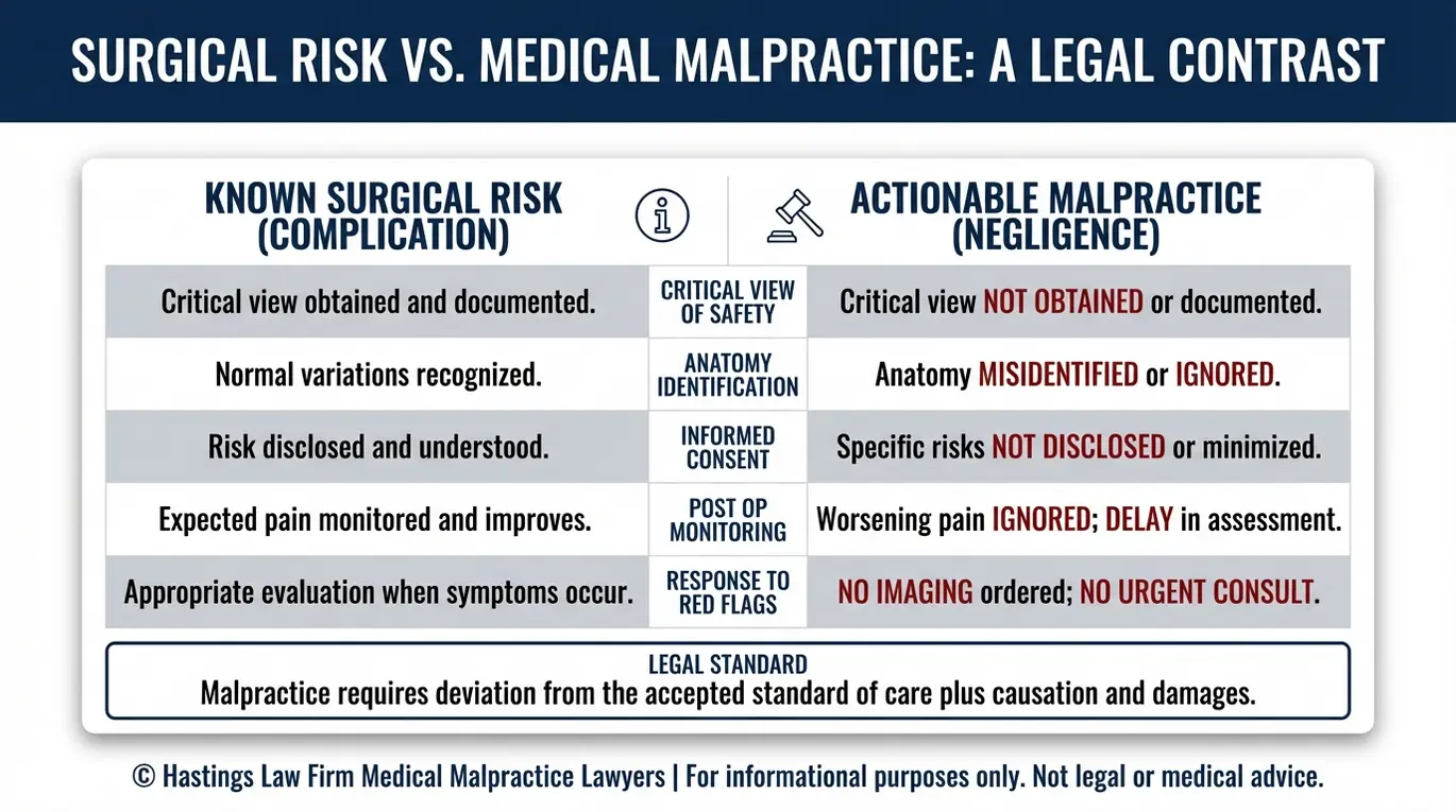 Tabla comparativa que explica la diferencia entre la atención médica estándar y la negligencia tras una colecistectomía laparoscópica, lo que ayuda a evaluar las demandas por negligencia médica desde la perspectiva de un abogado especializado en errores quirúrgicos de vesícula biliar de Texas.