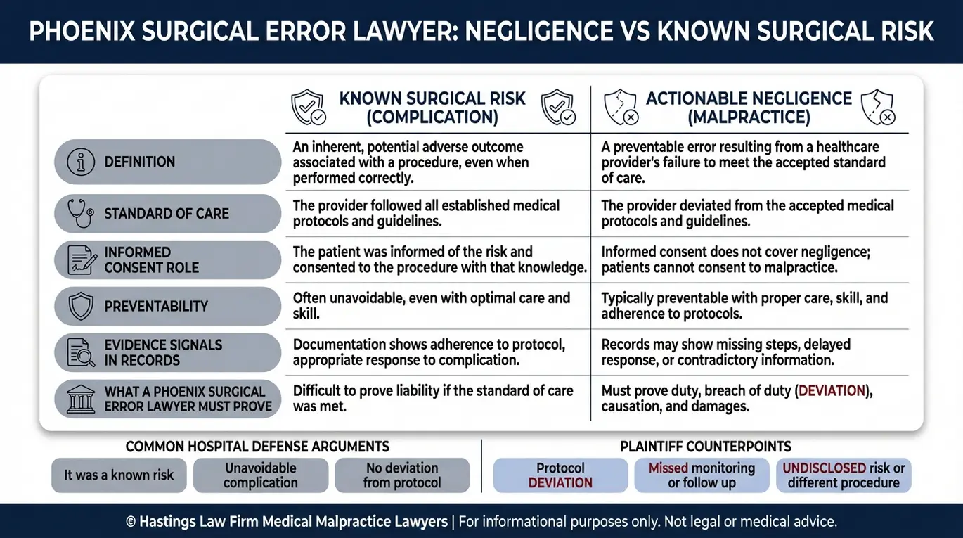 Tabla comparativa que muestra los criterios de negligencia frente a los de riesgo quirúrgico conocido para el análisis de un abogado especializado en errores quirúrgicos de Phoenix, incluyendo el estándar de atención y el consentimiento informado.