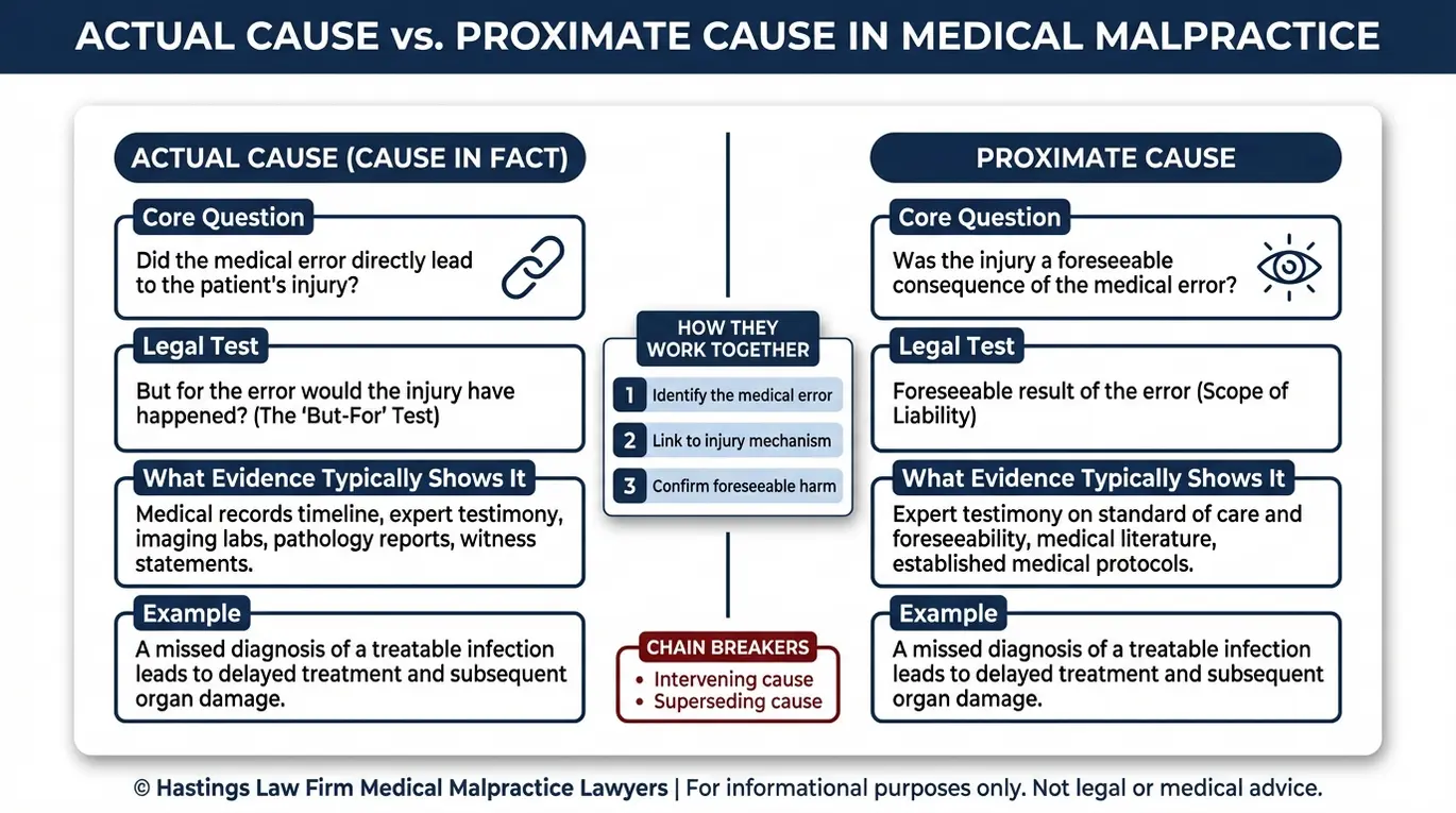 Comparison chart explaining actual cause and proximate cause with the but for test, foreseeability, and chain breakers to help readers proving causation in an Arizona medical malpractice case.