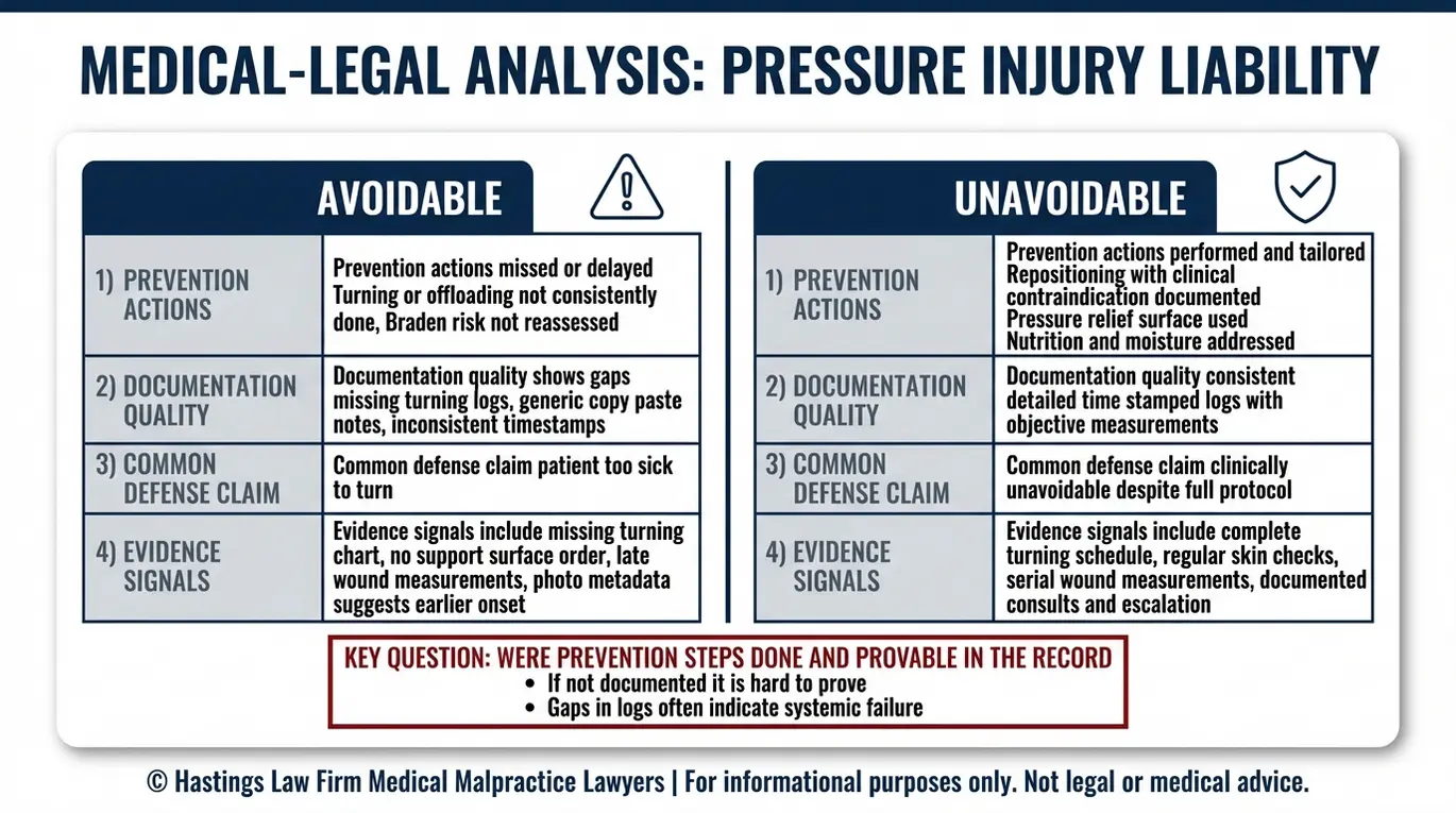 Tabla comparativa que contrasta las úlceras por presión evitables e inevitables con las medidas de prevención, la calidad de la documentación, las reclamaciones de defensa y los indicios probatorios relevantes para el análisis de un abogado especializado en úlceras por presión en el marco del programa Texas.