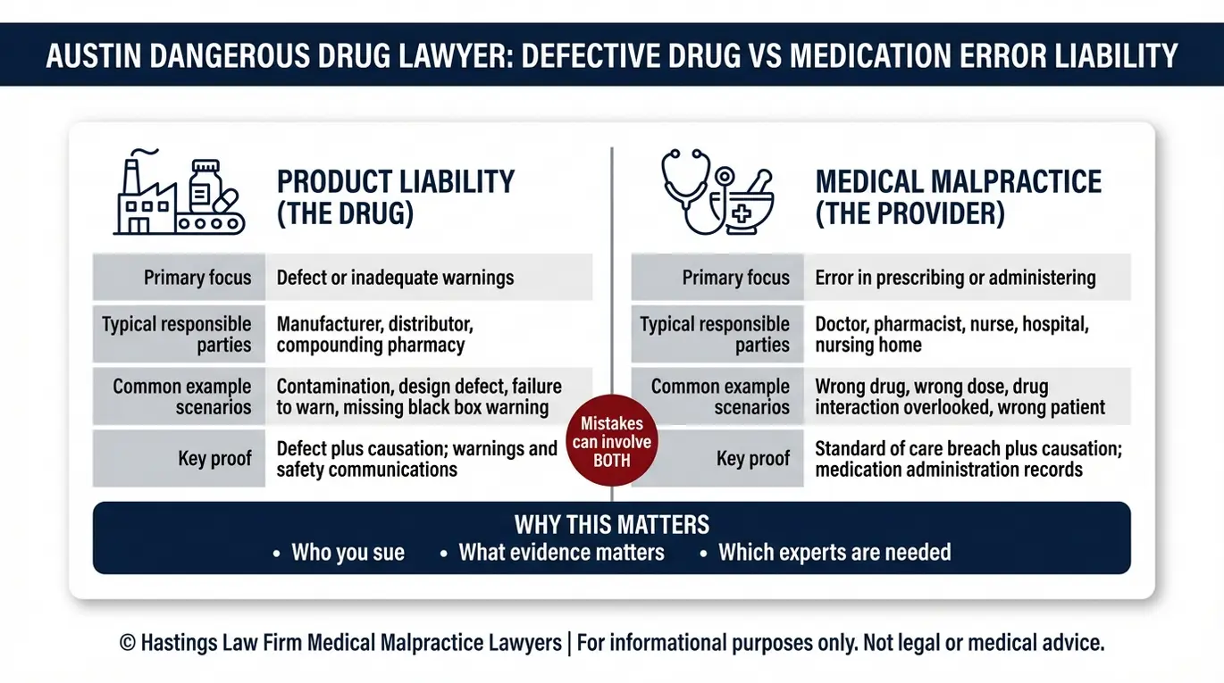 Comparison chart for an Austin Dangerous Drug Lawyer showing defective drug product liability versus medication error medical malpractice with responsible parties examples and required proof.