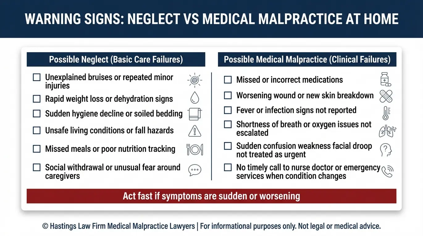 Lista de verificación de advertencias para un abogado especializado en negligencia profesional de proveedores de atención médica domiciliaria en Arizona, en la que se enumeran las señales de alerta que pueden indicar negligencia en la atención médica domiciliaria y se distinguen los signos básicos de descuido de los signos de negligencia clínica, como errores en la medicación, falta de intervención ante el agravamiento de los síntomas e infección.