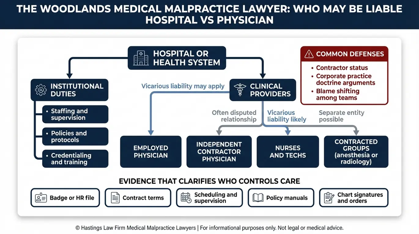 Entity map showing hospital liability versus physician negligence pathways used by a The Woodlands medical malpractice lawyer to identify responsible parties.