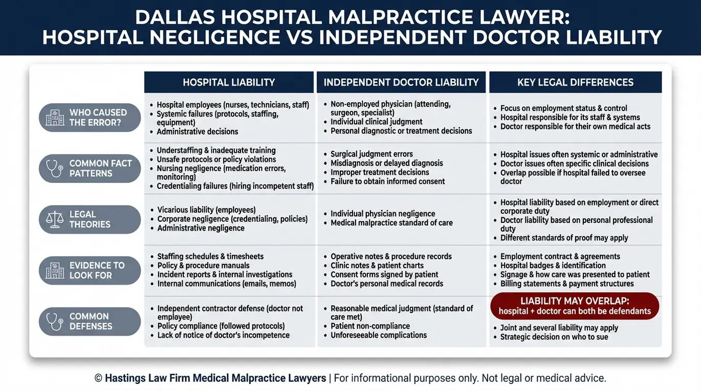 Tabla comparativa que explica conceptos relacionados con los abogados especializados en negligencia médica en Dallas, incluyendo la negligencia hospitalaria, la responsabilidad subsidiaria y la negligencia corporativa, frente a la responsabilidad de los médicos que ejercen como contratistas independientes, con pruebas y defensas.