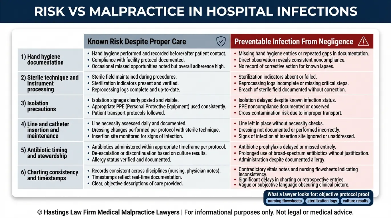 Comparison chart explaining when an Arizona Hospital Infection Lawyer may view a hospital acquired infection as a known risk versus medical malpractice based on standard of care evidence.