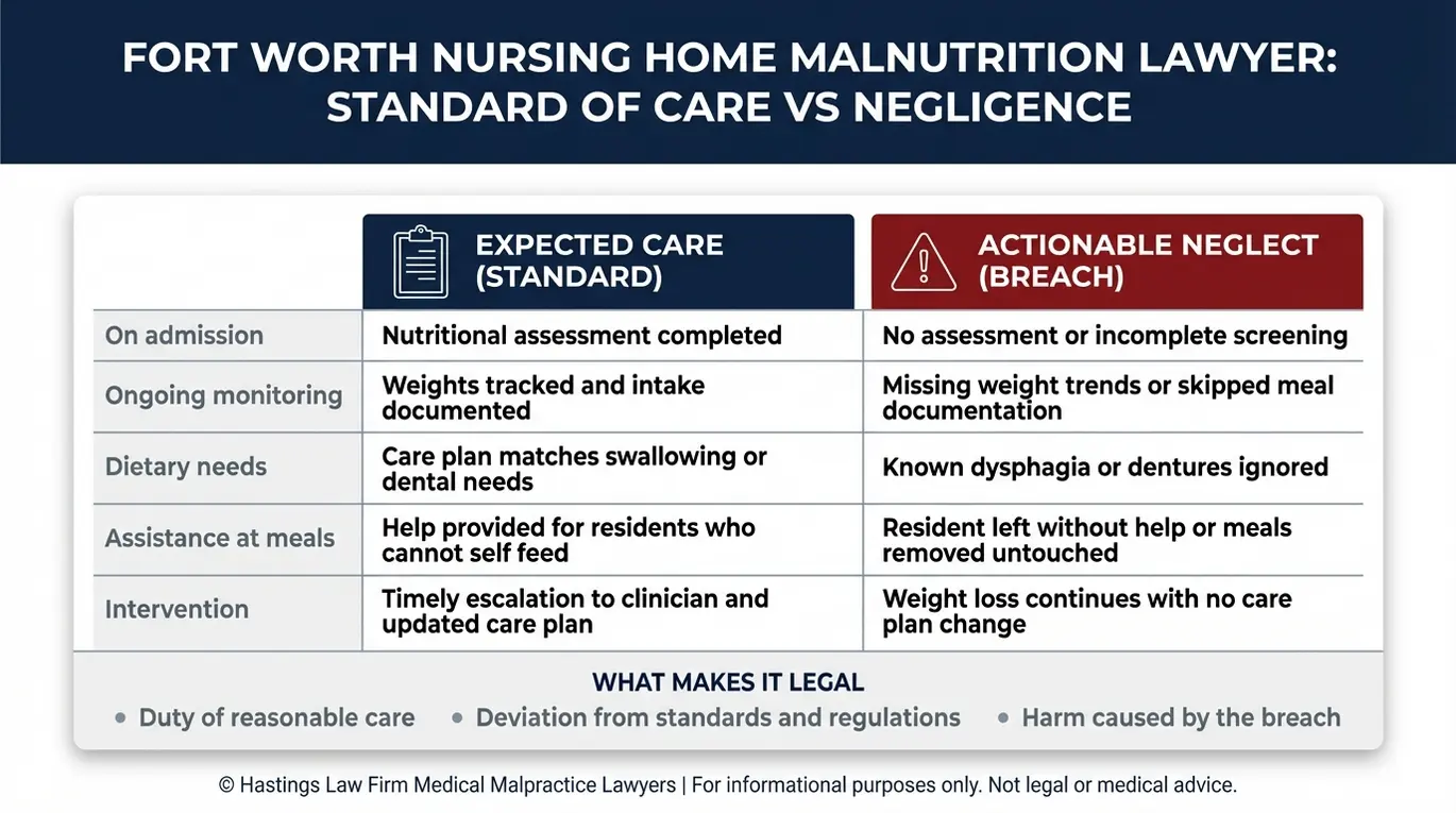 Standard of care versus negligence comparison chart a Fort Worth Nursing Home Malnutrition Lawyer uses to explain when poor nutrition crosses into legally actionable neglect.