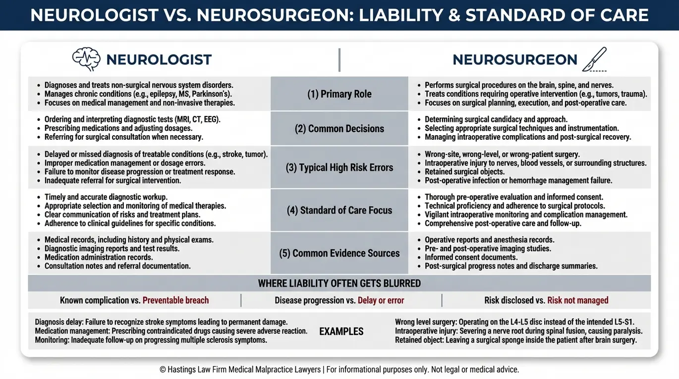 Comparison chart explaining Arizona Neurologist Malpractice Lawyer concepts by contrasting neurologist versus neurosurgeon duties common errors standard of care focus and key evidence sources.