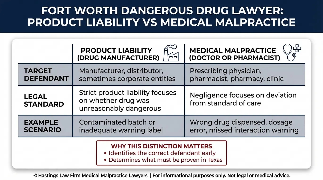 Comparison chart explaining how a Fort Worth DangerousDrug Lawyer evaluates product liability versus medical malpractice claims by defendant target legal standard and example scenario.
