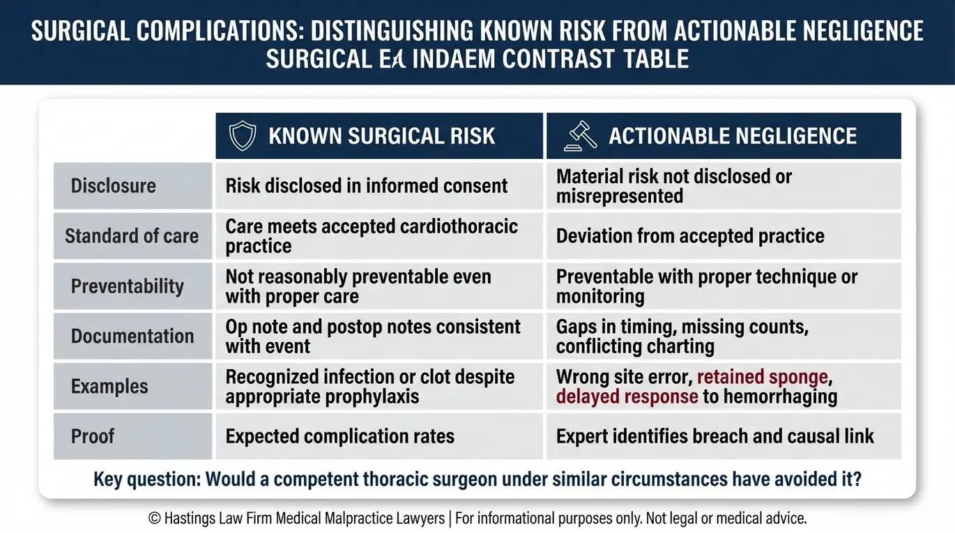 Comparison chart explaining how a Texas Thoracic Surgeon Malpractice Lawyer distinguishes known surgical risks from actionable negligence using informed consent, standard of care, preventability, documentation, examples, and proof.
