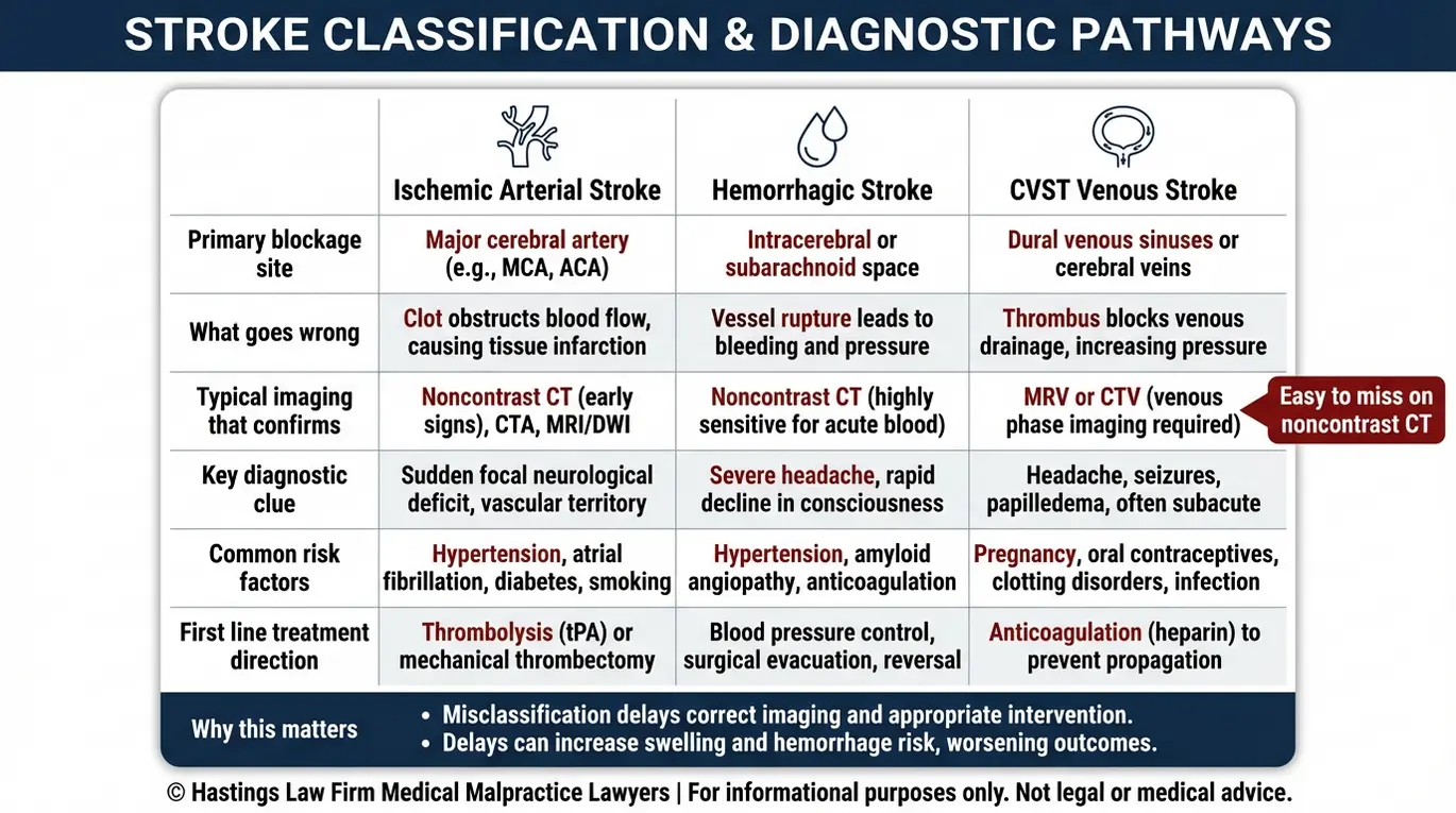 Comparison chart explaining how CVST differs from ischemic and hemorrhagic infant strokes including causes imaging clues risk factors and treatment direction for families seeking a Texas Infant Cerebral Venous Sinus Thrombosis Lawyer.