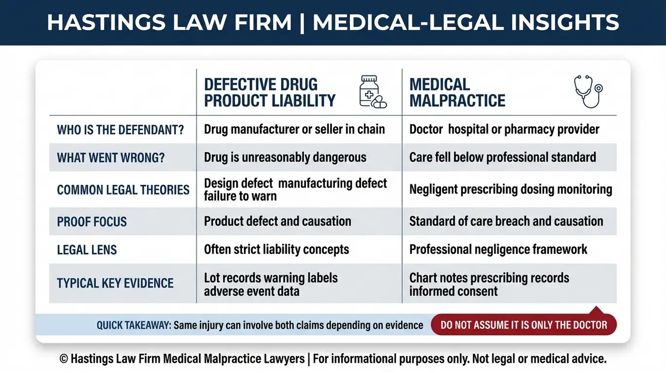 Tabla comparativa que explica cómo un abogado especializado en medicamentos peligrosos de Texas distingue las demandas por responsabilidad civil por productos farmacéuticos defectuosos contra un fabricante de medicamentos de las demandas por negligencia médica contra un médico, utilizando la teoría jurídica y las pruebas de los demandados.
