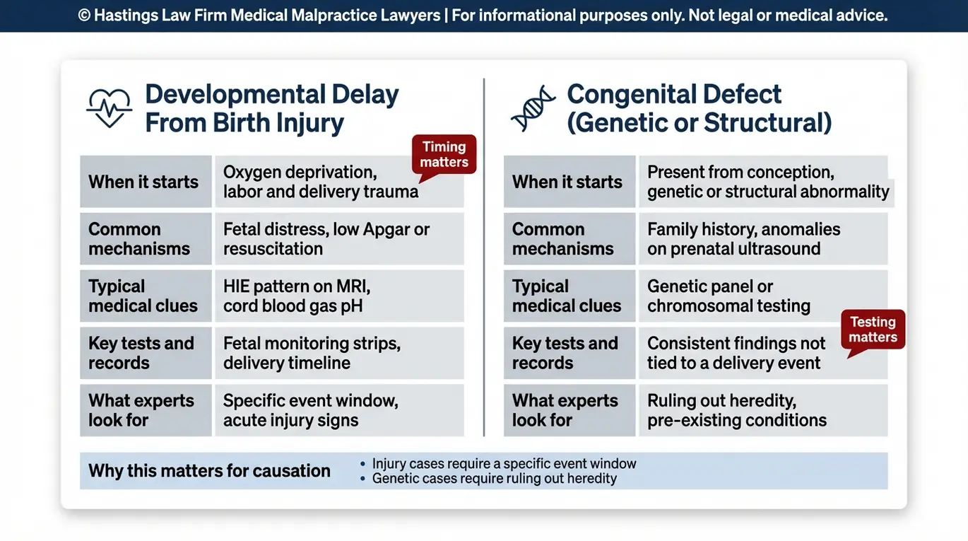 Comparison chart explaining how a Texas Developmental Delay Birth Injury Lawyer distinguishes developmental delays caused by birth injury from congenital defects using timing clues, medical records, MRI findings, and genetic testing.