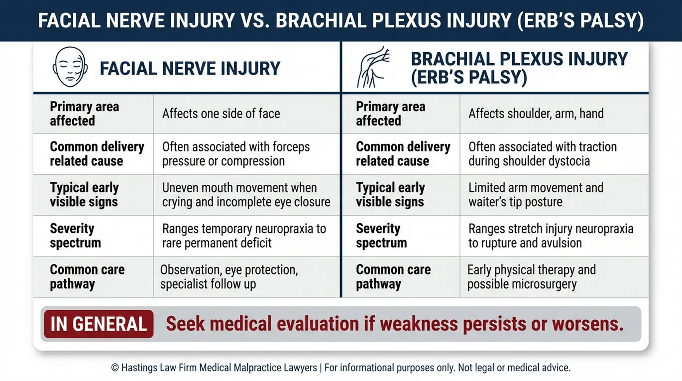 Comparison chart explaining facial paralysis versus brachial plexus injury with causes signs severity and care guidance for families seeking a Texas Birth Paralysis Lawyer.