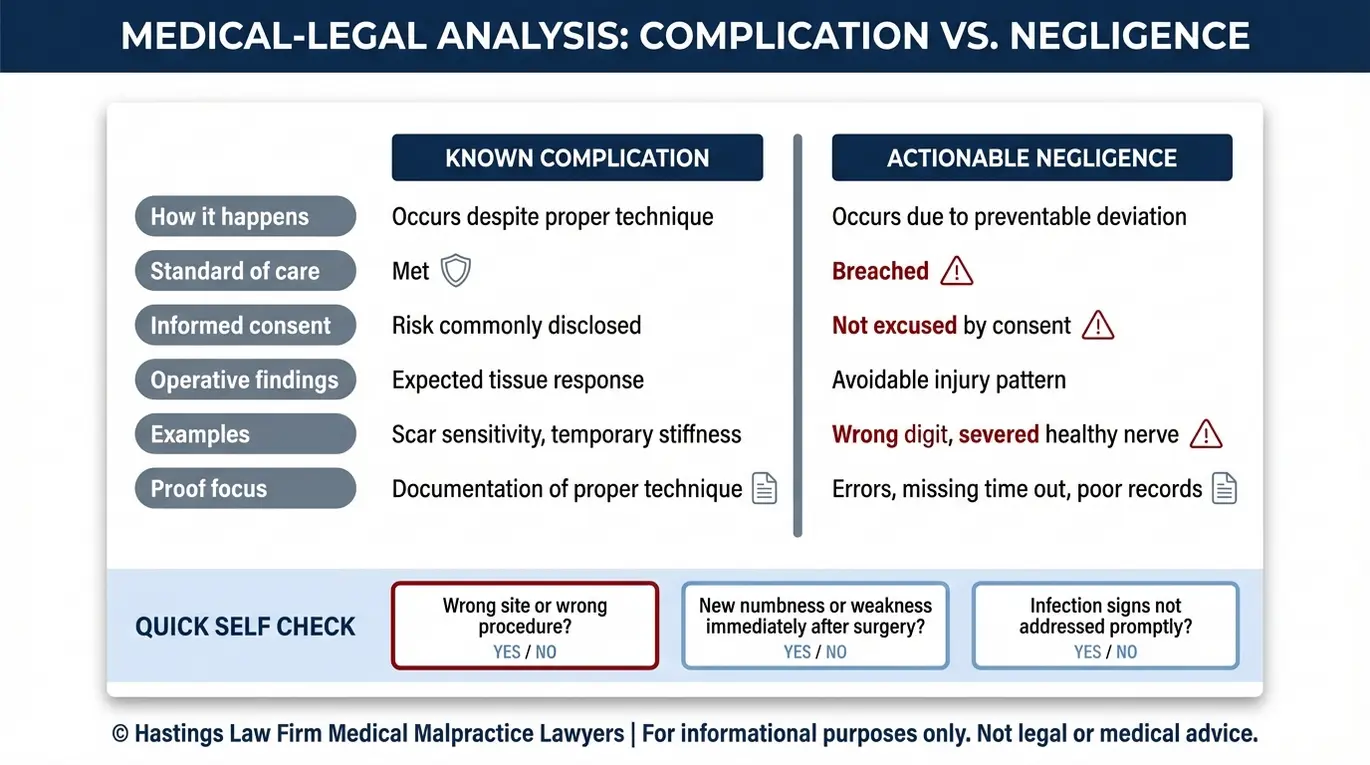 Tabla comparativa que explica cómo un abogado especializado en negligencia médica en cirugía de la mano (Texas) distingue entre las complicaciones conocidas de la cirugía de la mano y la negligencia susceptible de ser objeto de demanda, utilizando ejemplos de incumplimiento del estándar de atención y del consentimiento informado, así como el enfoque en las pruebas.