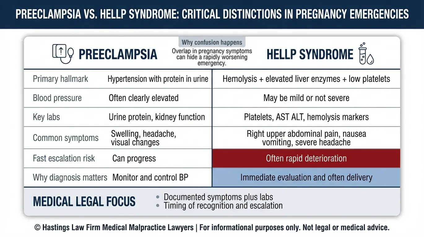 Comparison chart explaining preeclampsia versus HELLP syndrome with key symptoms and lab differences used by a Texas HELLP Syndrome Malpractice Lawyer to evaluate misdiagnosis.