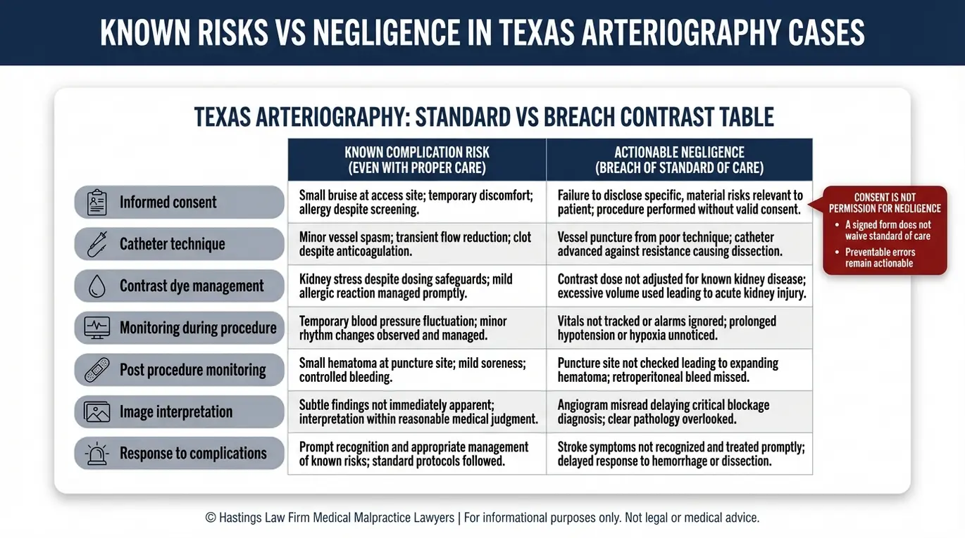 Comparison chart distinguishing known risks and negligence in a Texas Arteriography Malpractice Lawyer case using standard of care examples.