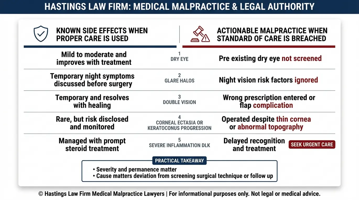 Comparison chart explaining risk versus malpractice in LASIK for a Texas LASIK Center Malpractice Lawyer including dry eye glare halos double vision ectasia and DLK with standard of care breach examples.
