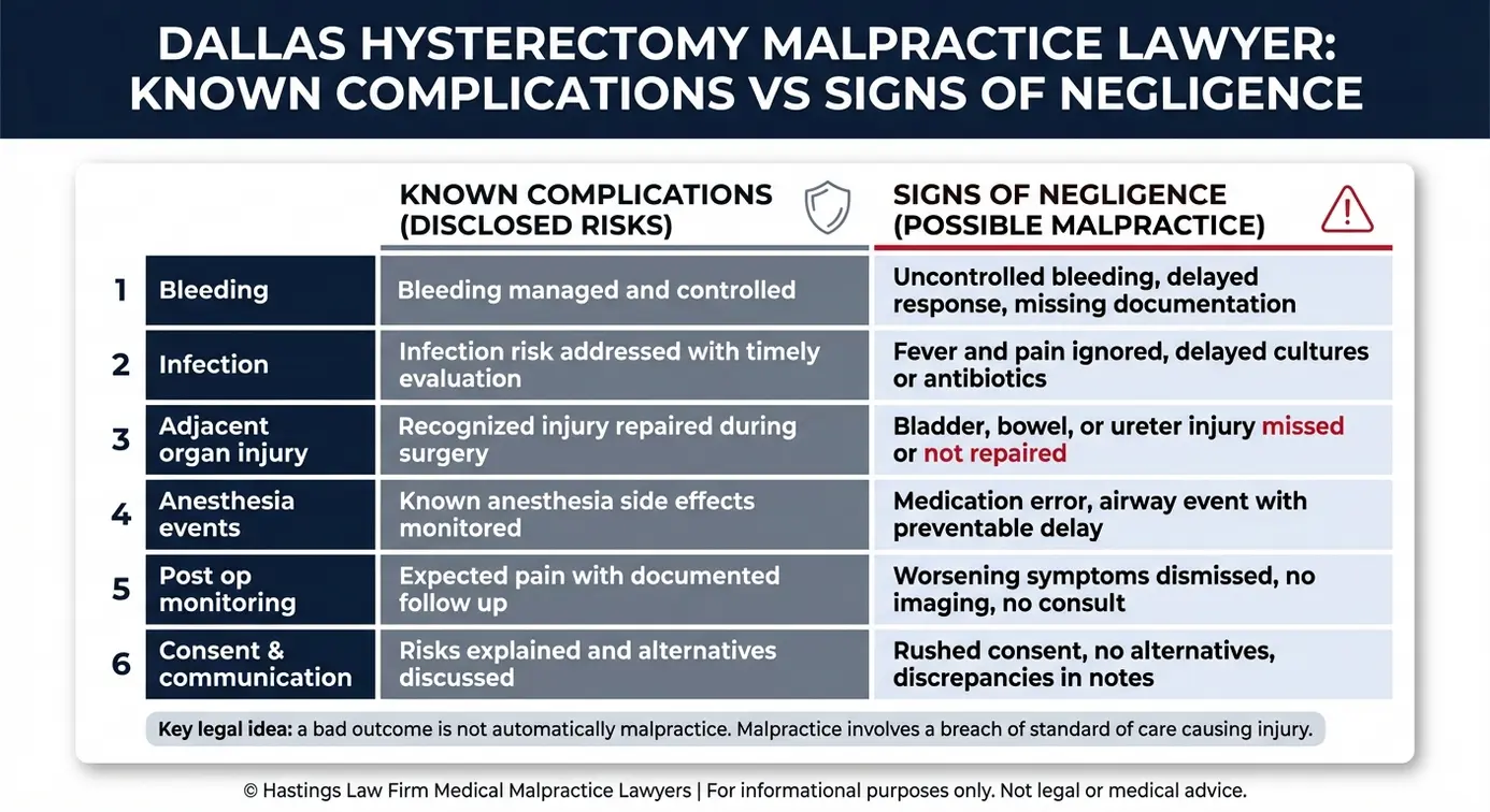 Tabla comparativa que muestra las complicaciones conocidas frente a los signos de negligencia para la evaluación de un abogado especializado en negligencias en histerectomías de Dallas, incluyendo hemorragias infecciones lesiones de órganos adyacentes eventos anestésicos monitorización postoperatoria y consentimiento informado.