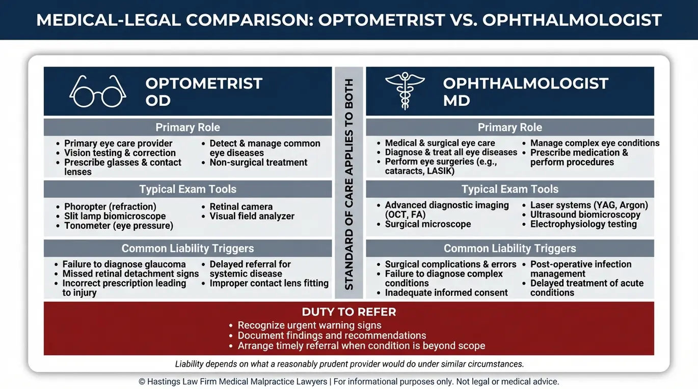 Tabla comparativa de un abogado especializado en negligencia profesional de optometristas de Texas que muestra el ámbito de actuación de los optometristas frente al de los oftalmólogos, las herramientas de examen, los motivos habituales de responsabilidad civil y la obligación compartida de derivar a otros especialistas.