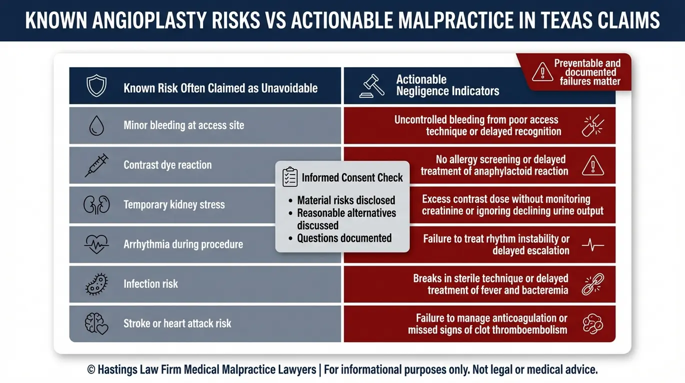 Comparison chart for a Texas Angioplasty Malpractice Lawyer showing known angioplasty complications versus negligence indicators including contrast dye kidney injury bleeding infection arrhythmia stroke and heart attack.