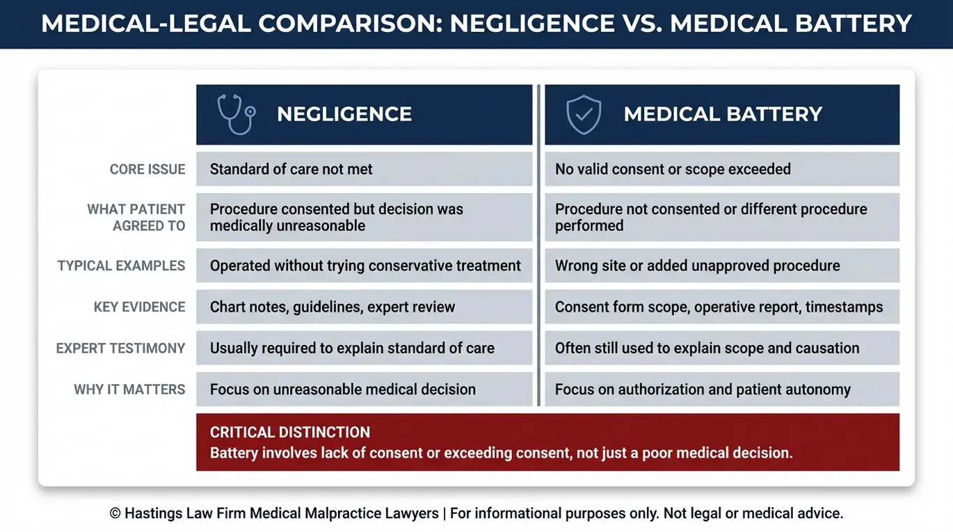 Comparison chart explaining negligence versus medical battery in a Texas Unnecessary Surgery Lawyer case including core issue consent differences evidence needed and why the distinction matters.