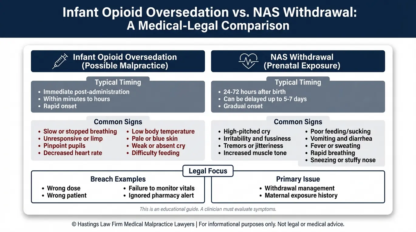 Tabla comparativa que explica cómo un abogado especializado en casos de sobredosis de opioides en bebés en Arizona distingue los signos de sobredosis de opioides en bebés de los signos de abstinencia del síndrome de abstinencia neonatal (NAS), incluyendo el momento en que se presentan los síntomas comunes y los aspectos legales más relevantes de cada uno.