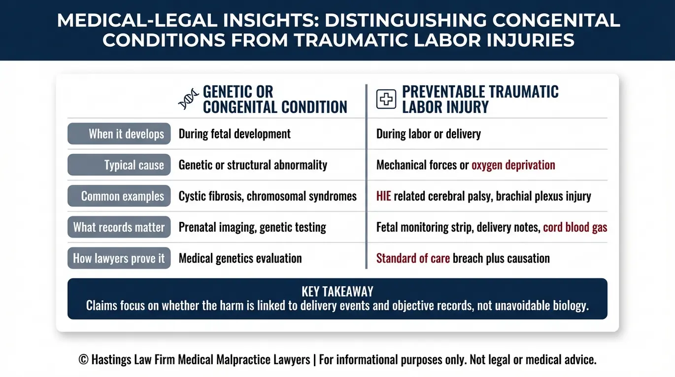 Tabla comparativa que explica las causas de las lesiones perinatales frente a los defectos congénitos, con ejemplos y tipos de pruebas relevantes para un abogado especializado en negligencia médica por partos anormales según el modelo Texas.