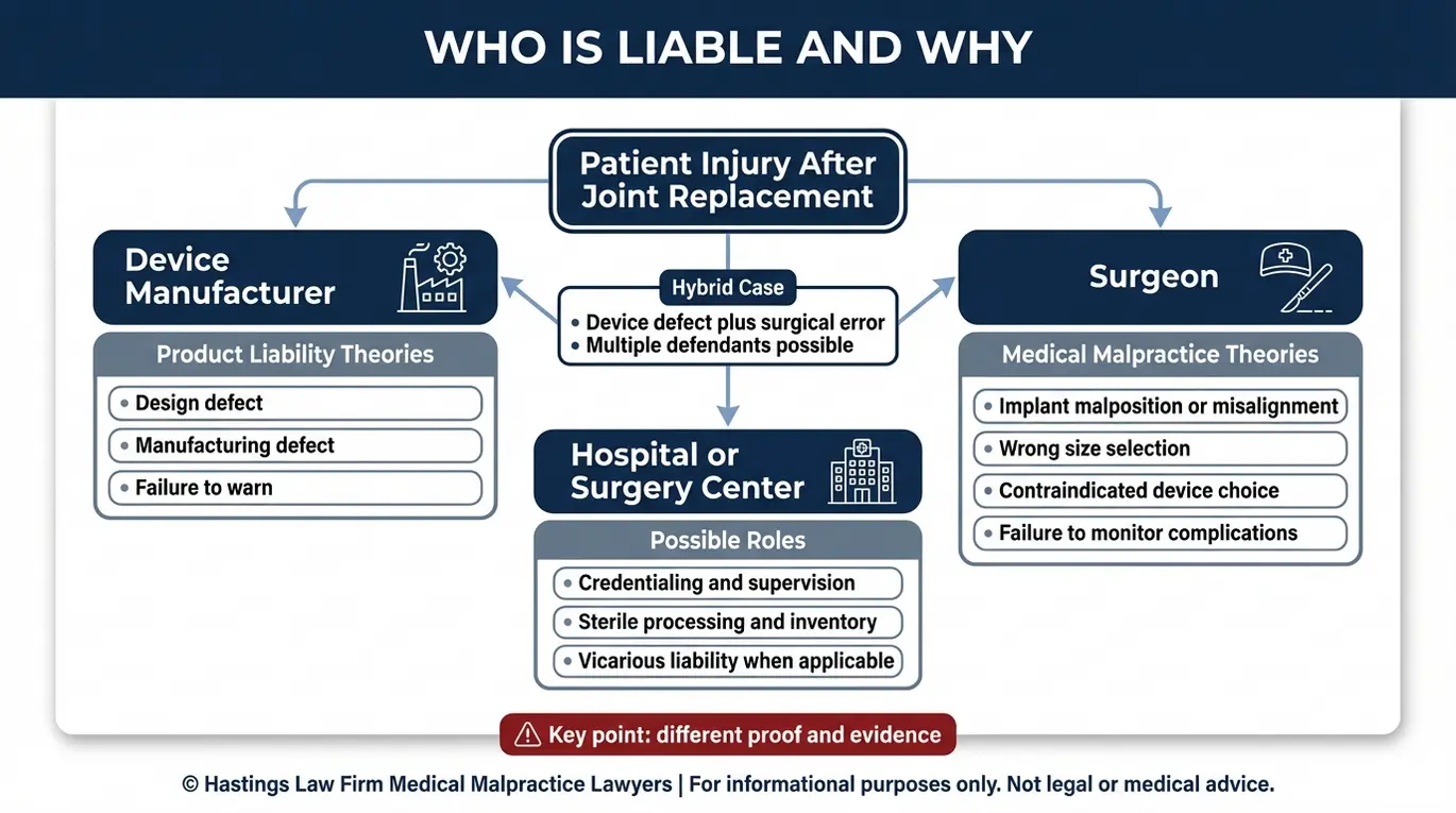 Entity relationship map for an Austin Defective Joint Replacement Lawyer showing how manufacturer product liability, surgeon medical malpractice, and facility responsibility can connect to a failed hip or knee implant injury.