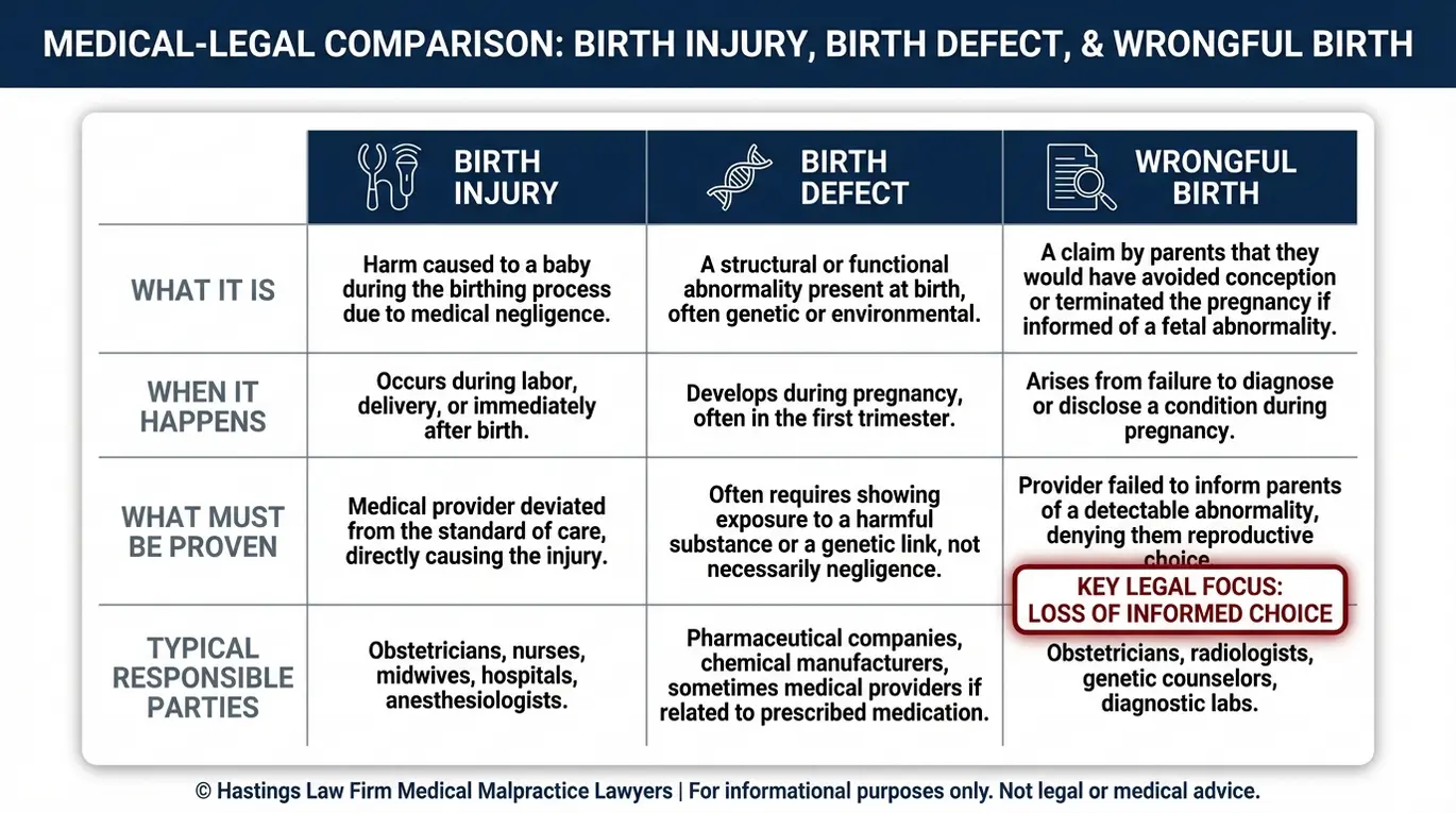 Comparison chart explaining birth injury versus birth defect versus wrongful birth and how an Arizona Wrongful Birth Lawyer frames the claim around loss of informed reproductive choice.