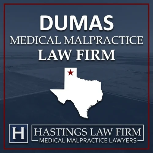Best Medical Malpractice Attorneys in Dumas Texas A landscape scene of Dumas Texas. A red star pinpoints the location where local Medical Malpractice Lawyers have helped injured patients. The Hastings Law Firm logo appears at the bottom.