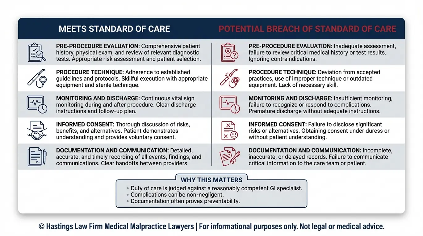 Tabla comparativa que explica el concepto de «Texas» (abogado especializado en negligencia médica de gastroenterólogos) sobre la diferencia entre el estándar de atención y la negligencia evitable en lo que respecta a las técnicas de evaluación, la supervisión, el consentimiento informado y la documentación.