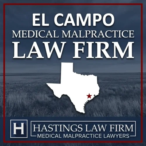 Best Medical Malpractice Attorneys in El Campo Texas A landscape scene of El Campo Texas. A red star pinpoints the location where local Medical Malpractice Lawyers have helped injured patients. The Hastings Law Firm logo appears at the bottom.