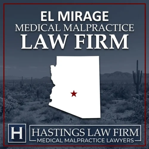 Los mejores abogados especializados en negligencia médica en El Mirage, Arizona Una imagen panorámica de El Mirage, Arizona. Una estrella roja señala el lugar donde los abogados locales especializados en negligencia médica han ayudado a pacientes lesionados. El logotipo de Hastings Law Firm aparece en la parte inferior.