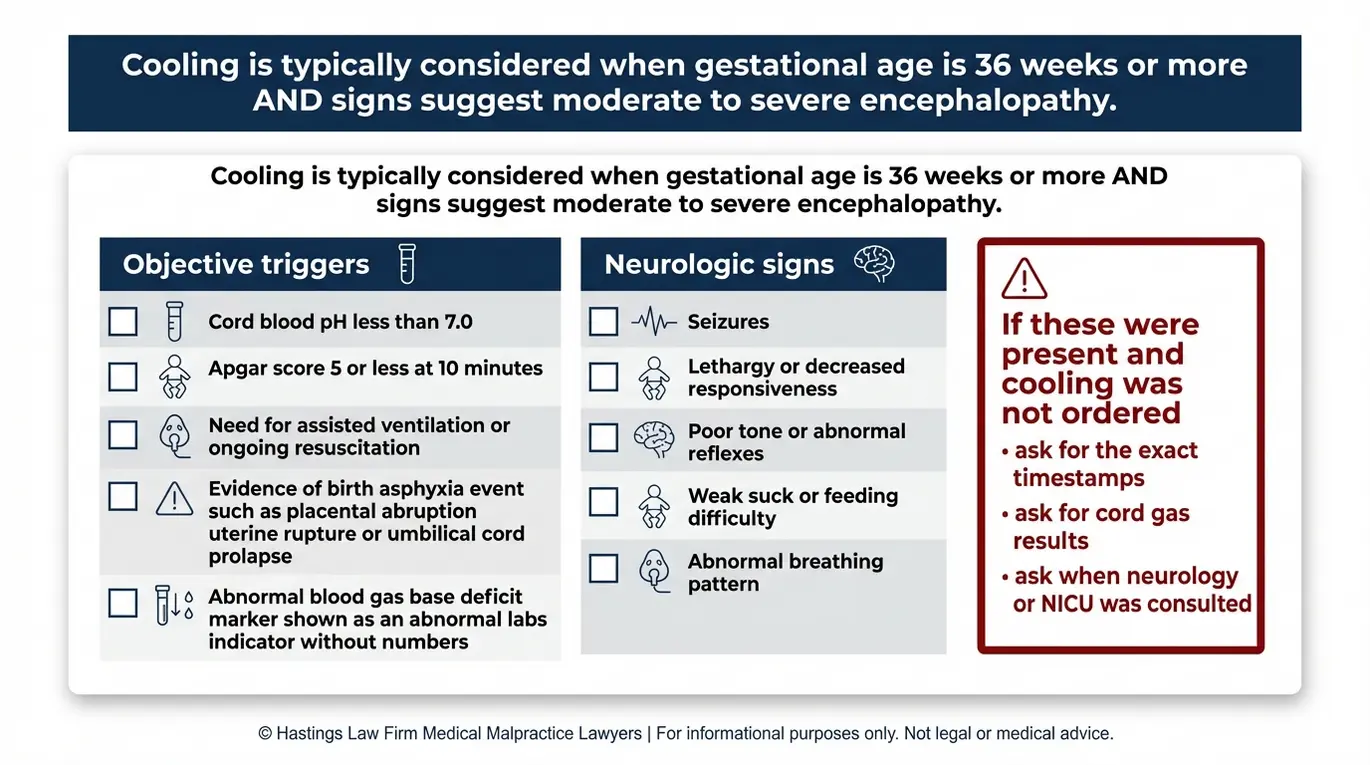 Checklist of cooling therapy eligibility criteria including low Apgar cord blood pH triggers and neurologic signs like seizures to assess potential negligence with a Texas Delivery Room Hypothermia Malpractice Lawyer.