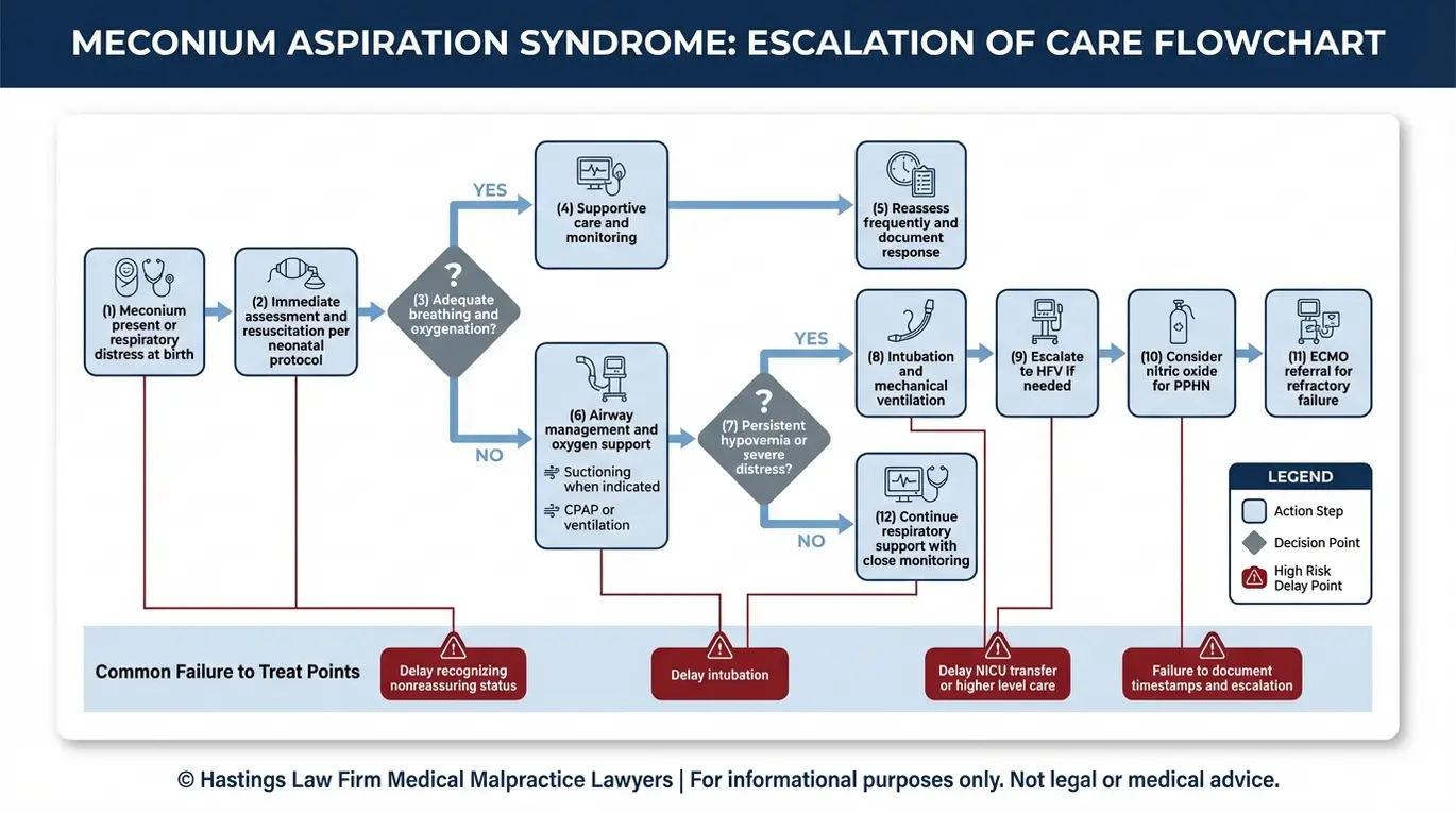 Process flowchart showing meconium aspiration syndrome treatment escalation and delay points used by a Texas Meconium Aspiration Syndrome Lawyer to assess failure to treat from initial distress through ventilation nitric oxide and ECMO referral.