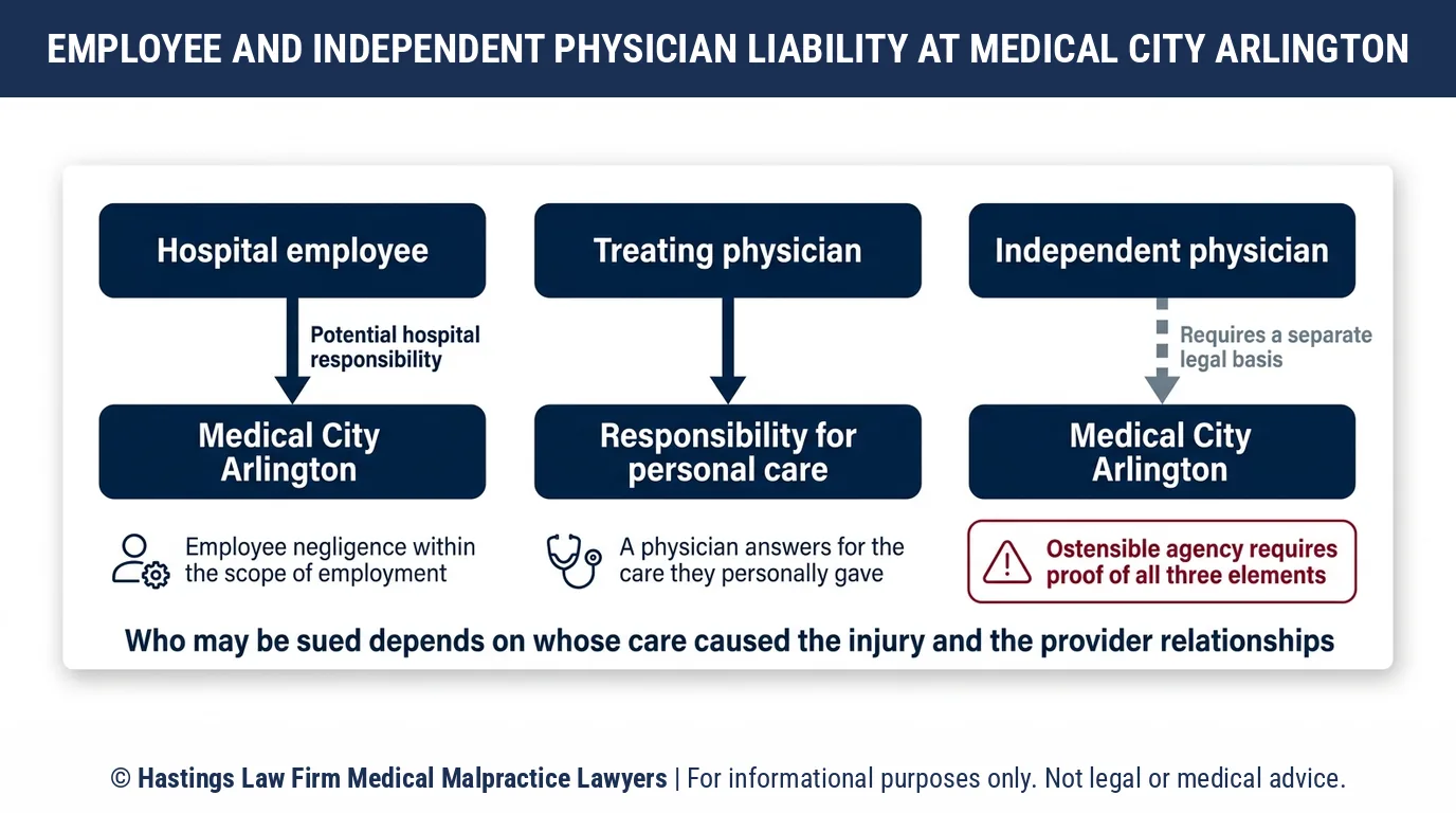 Can I sue Medical City Arlington or the doctor who treated me, and when does a hospital malpractice attorney name both.