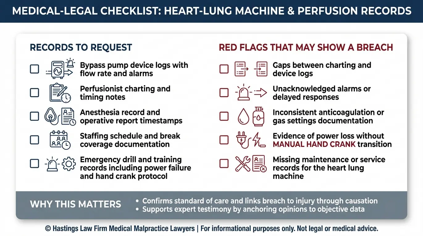 Lista de verificación que un abogado especializado en negligencia médica de perfusionistas de Arizona puede utilizar para identificar pruebas relacionadas con el nivel de atención estándar en cirugías de bypass, incluyendo registros de dispositivos, expedientes de capacitación y señales de alerta como la respuesta tardía a las alarmas y la falta de uso de la manivela manual.