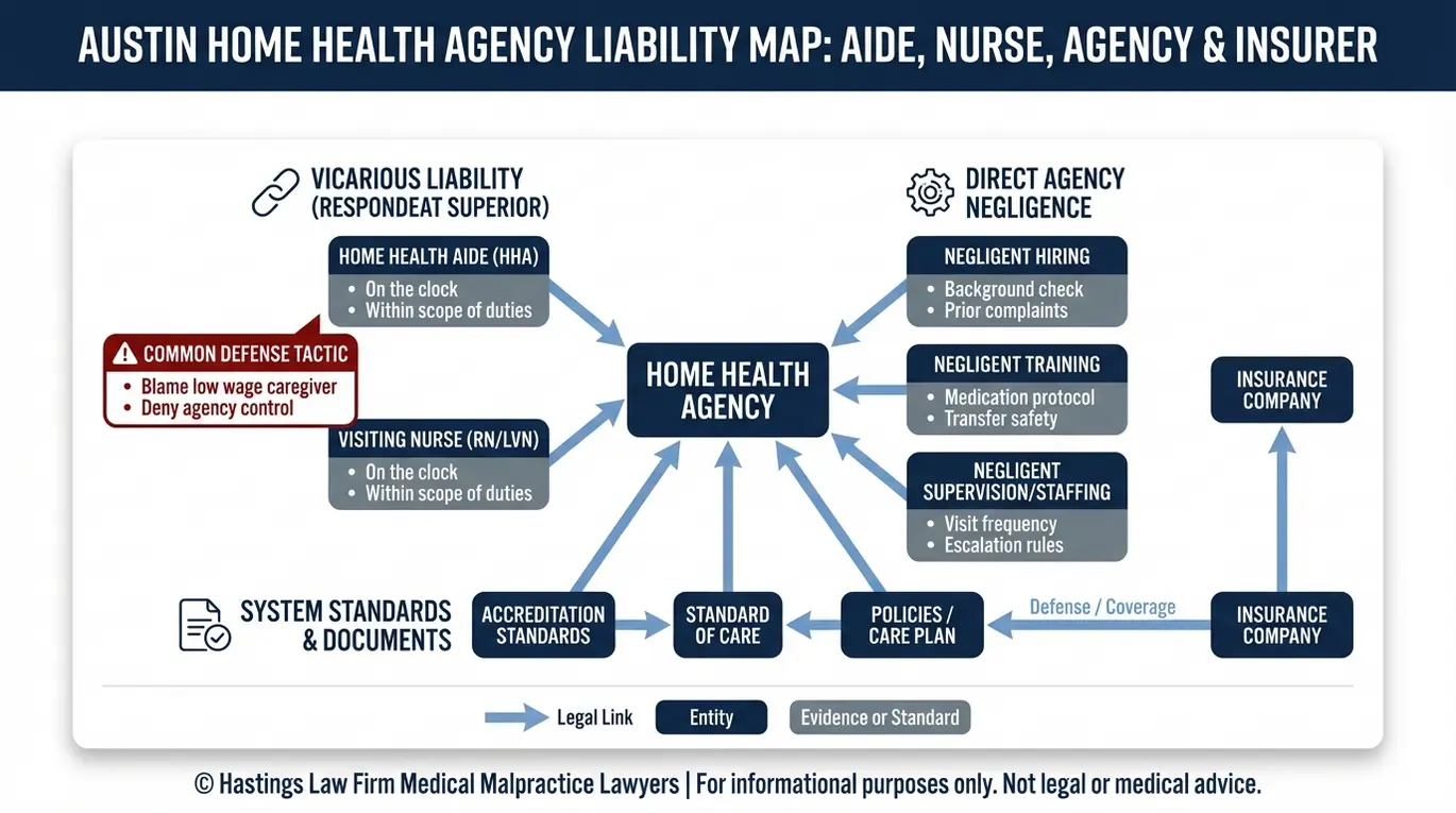 Diagrama de relaciones entre entidades que muestra cómo un abogado especializado en negligencia profesional de proveedores de atención médica domiciliaria en Austin demuestra la responsabilidad de la entidad mediante la responsabilidad subsidiaria, la contratación negligente, la formación, la supervisión y los vínculos con la defensa de la aseguradora.