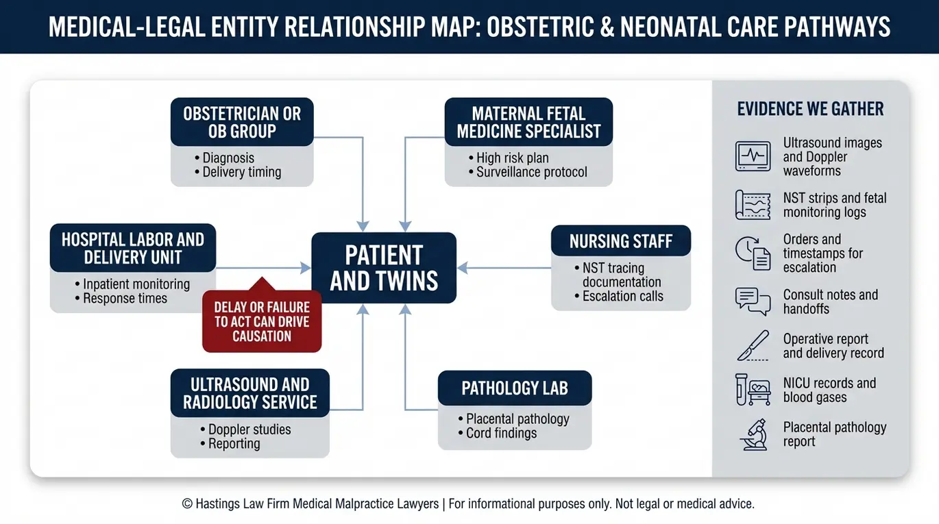 Entity relationship map for Texas Monoamniotic Twins Cord Entanglement Lawyer analysis linking potential liable parties such as OB, maternal fetal medicine, hospital unit, nursing, ultrasound services, and pathology to key records like Doppler waveforms, NST strips, timestamps, and placental pathology.