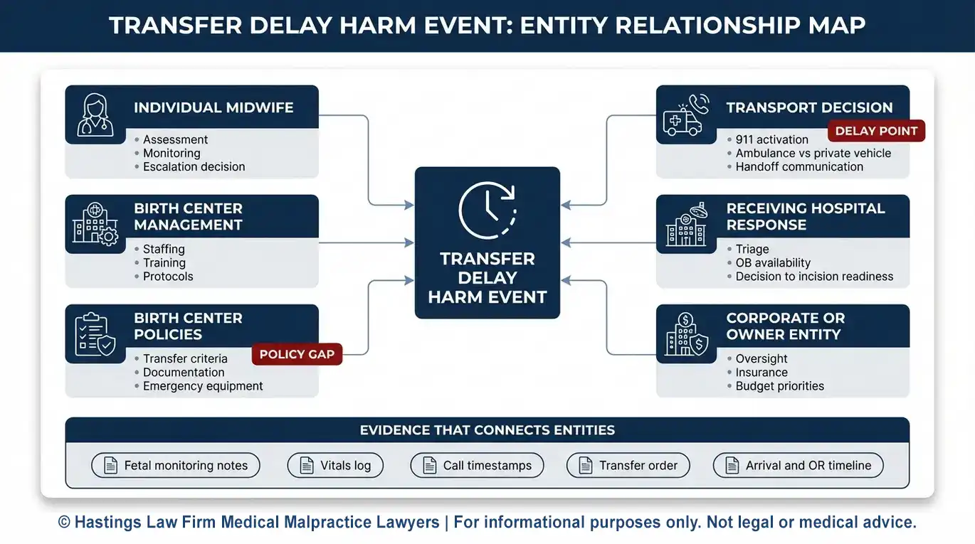 Diagrama de relaciones entre las partes implicadas (comadrona, centro de maternidad, decisiones de traslado y funciones del hospital) para demostrar la responsabilidad en un caso judicial relacionado con un retraso en el traslado desde un centro de maternidad en Arizona.
