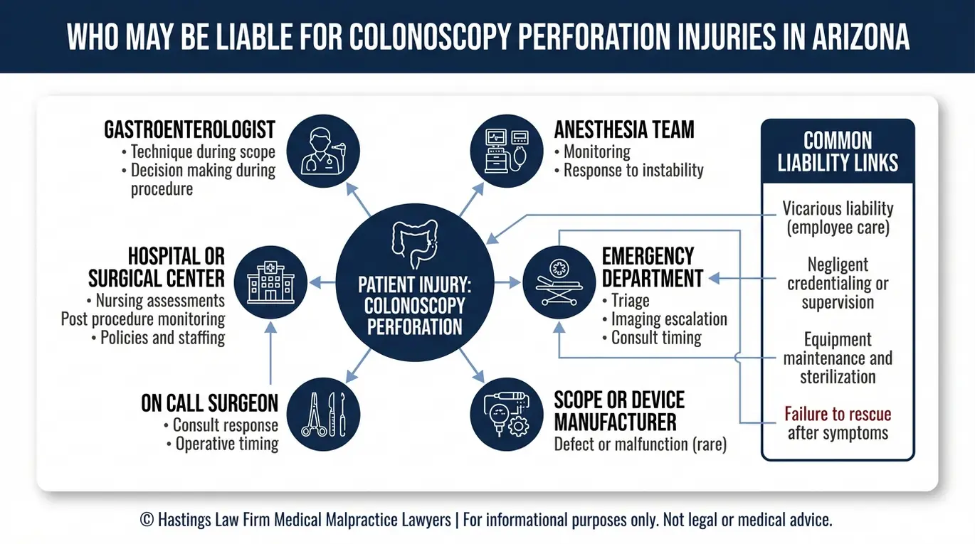 Entity map showing how an Arizona Colonoscopy Perforation Lawyer evaluates liability for gastroenterologists facilities anesthesia emergency staff surgeons and device manufacturers.