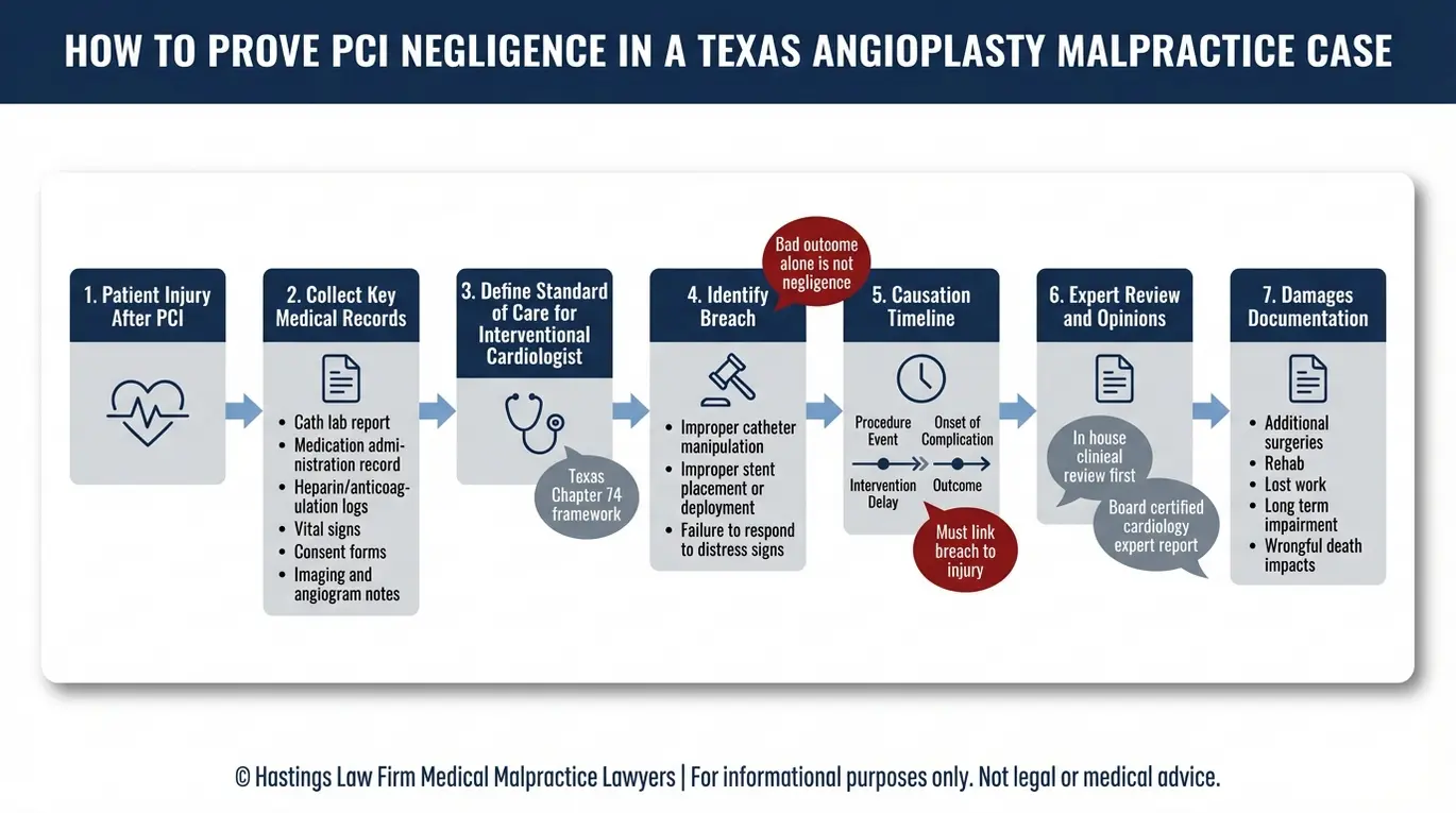 Flowchart showing how a Texas Angioplasty Malpractice Lawyer proves PCI negligence using medical records standard of care breach causation and damages steps.