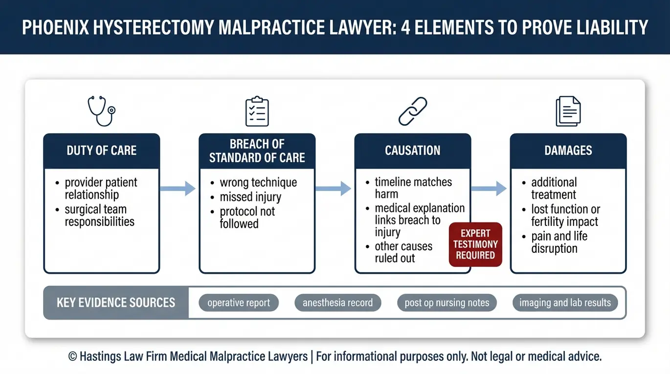 Process flowchart for a Phoenix Hysterectomy Malpractice Lawyer outlining duty breach causation and damages with key evidence sources like operative report anesthesia record and nursing notes.