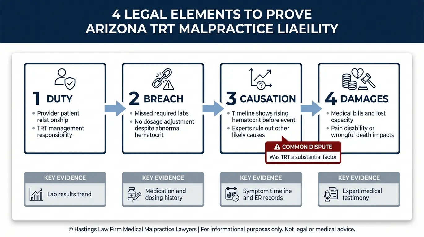 Process flowchart outlining duty breach causation and damages in an Arizona Testosterone Replacement Therapy Malpractice Lawyer liability analysis with key evidence items like labs dosing records and expert testimony.